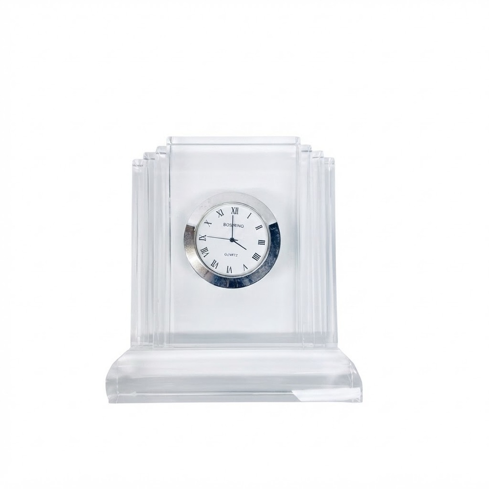 Y2K BOWRING Art Deco Crystal Desk Clock Faceted Glass Mantel Quiet Luxury FLAW